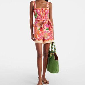 Farm Rio - Spring Affair Linen-Blend Sleeveless Square-Neck Romper - NWT
